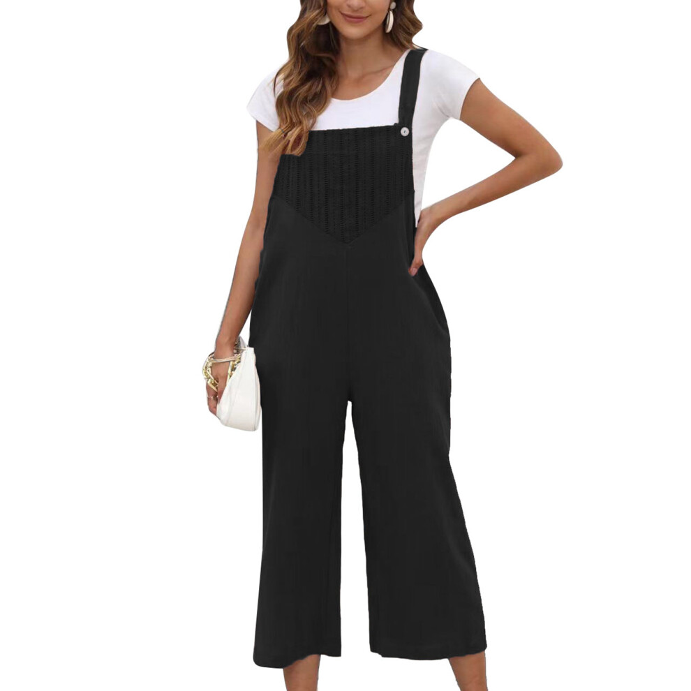 (Black S) Women Loose Wide Leg Overalls Sleeveless Side Pockets Dark Blue S-image-OPC-PMKBFW2-NEW