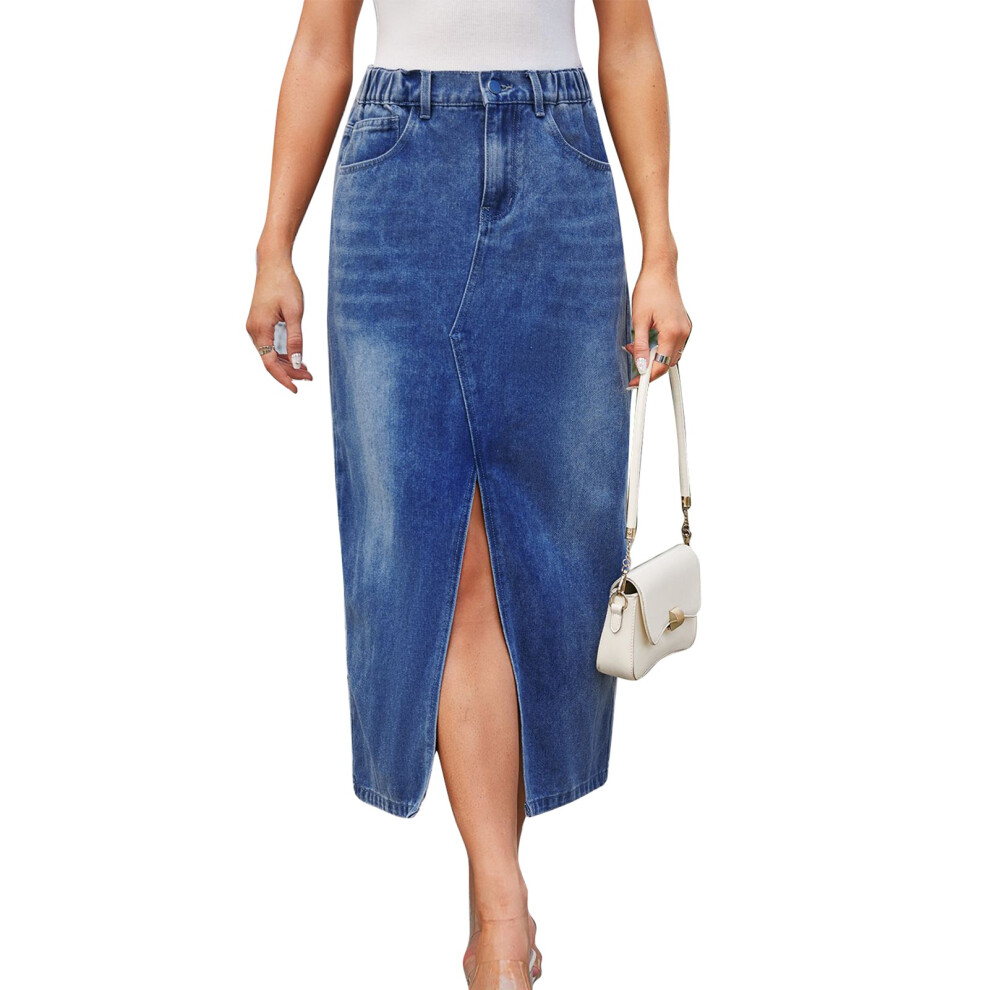 (Dark Blue S) Women's Split Front Long Skirt Elastic High Waist Maxi Light Blue S-image-OPC-PMKBGGG-NEW