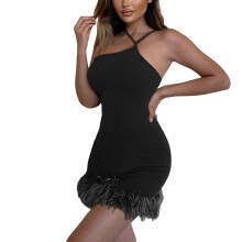 (Black M) Halter One Shoulder Mini Dress Slim Sleeveless Party Green L