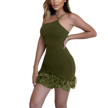 (Dark Green S) Halter One Shoulder Mini Dress Slim Sleeveless Party Green L