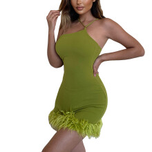 (Green L) Halter One Shoulder Mini Dress Slim Sleeveless Party Green L