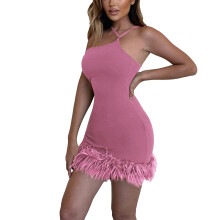 (Pink M) Halter One Shoulder Mini Dress Slim Sleeveless Party Green L