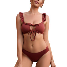 (Wine Red M) Women 2-Piece Cut Out Frill Trim Tie Front Bikini Set Wine Red S