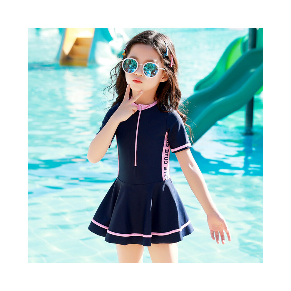 (Navy Blue Short Sleeves 4XL(135â145cm)) Girls Skirted One Piece Swimsuit Zip Up Beach Coverup Navy Blue 4XL-image-OPC-PMKBMBR-NEW