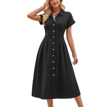 (Black L) Turn Down Collar Short Sleeve Button Down Dress Yellow S