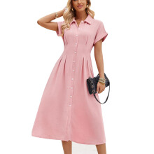 (Pink XL) Turn Down Collar Short Sleeve Button Down Dress Yellow S