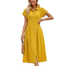 (Yellow L) Turn Down Collar Short Sleeve Button Down Dress Yellow S