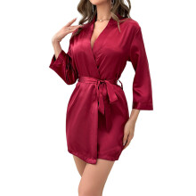 (Red L) Women Bath Robes V Neck Long Sleeve Red XL