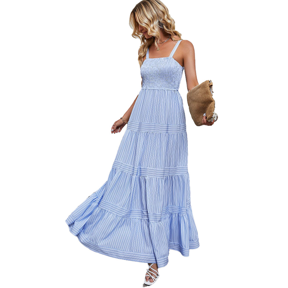 (Light Blue M) Shirred Waist Striped Long Dress Spaghetti Strap Dark Blue XL-image-OPC-PMKBQSP-NEW