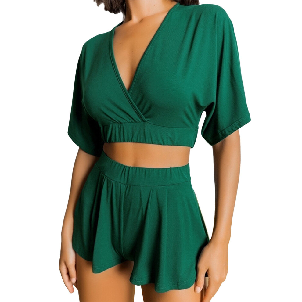 (Green L) Women Summer V Neck Cropped Top High Waist Ruffle Shorts Blue M-image-OPC-PMKBRKB-NEW