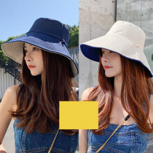 (Navy Blue + Beige Free Size) Sun Hat Wide Brim Windproof Fishing Hiking Black Orange Free Size