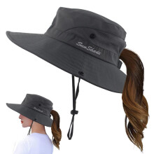 Wide Brim Bucket Hat Women Ponytail Sun Hat UV Protection Foldable