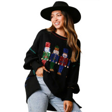 Long Sleeve Christmas Sweatshirt with Sequins-Black L