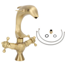 Bathroom Sink Faucet Copper Antique Dolphin Double Lever Mixer Tap
