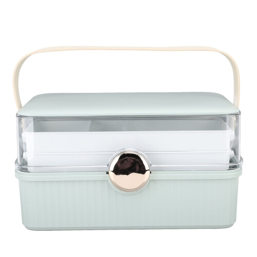 (Green) Large Cosmetic Organizer Box Plastic Dust Proof with Handle Lid White