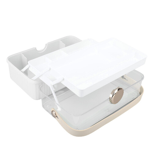 (White) Large Cosmetic Organizer Box Plastic Dust Proof with Handle Lid White 2