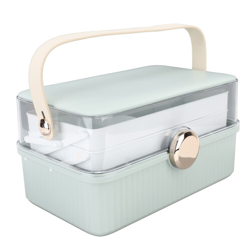(Green) Large Cosmetic Organizer Box Plastic Dust Proof with Handle Lid White 2