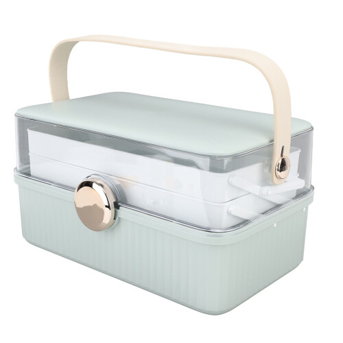 (Green) Large Cosmetic Organizer Box Plastic Dust Proof with Handle Lid White 1