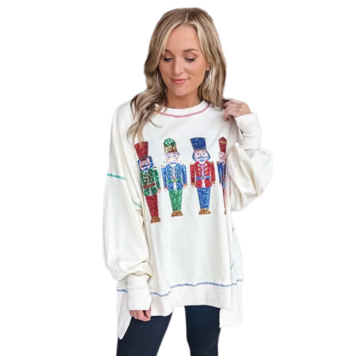 Women Christmas Sparkly Sequins Nutcrackers Sweatshirt-White M