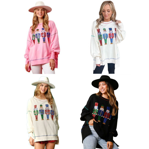 Women Christmas Sparkly Sequins Nutcrackers Sweatshirt-White M 2