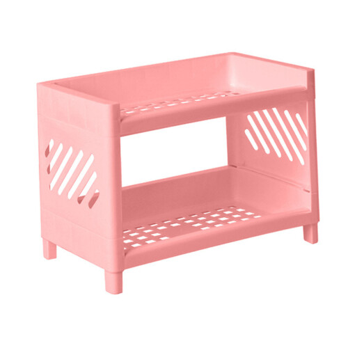 (Pink) 2 Tier Desktop Shelf Plastic Organizer Rack Navy Blue 1