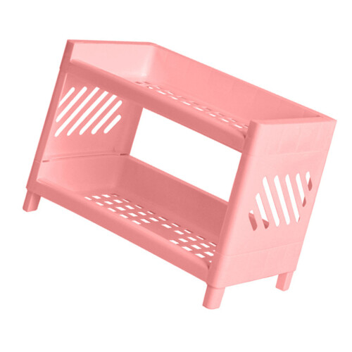 (Pink) 2 Tier Desktop Shelf Plastic Organizer Rack Navy Blue 2