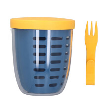 (Blue) Plastic Fruit Draining Cup Portable Leakproof with Fork Blue