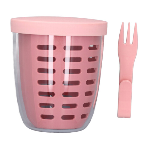 (Pink) Plastic Fruit Draining Cup Portable Leakproof with Fork Blue