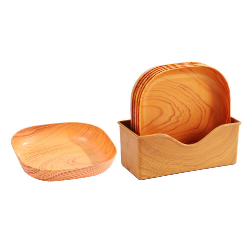 6 Pcs Serving Dish Square Wood Grain Snacks Desserts Plate 1