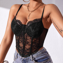 Lace Steel Ring Rhombus Fishbone Navel See-Through Vest Black S