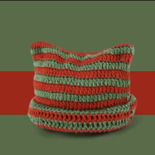 Autumn winter woolen hat striped cat ears knitted red green 56-58cm