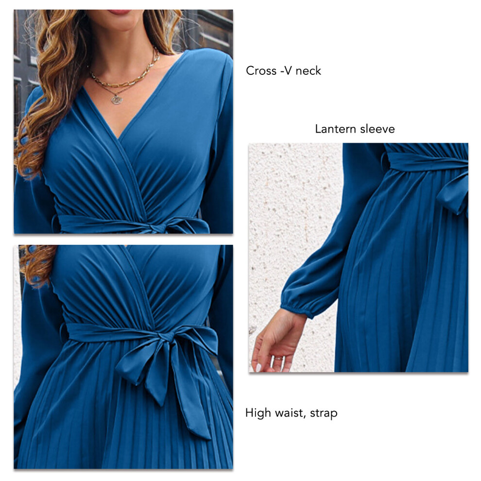 Women Lantern Sleeve High Waist Pleated Wrap Dress Blue S Leading Elegance-image-OPC-PMKCQPN-NEW