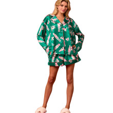 Weihnachtliches Langarm-Satin-Nachtwäsche-Set mit-Grün XL