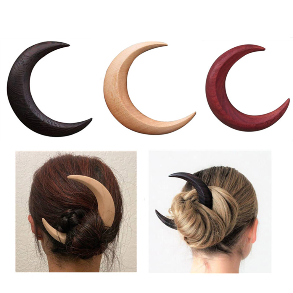 Black/Red Hand Carved Crescent Moon Hair Fork Wooden Hairpin Â , S/L