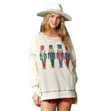 Women's Holiday Long Sleeve Sweatshirt Sequins-Beige M