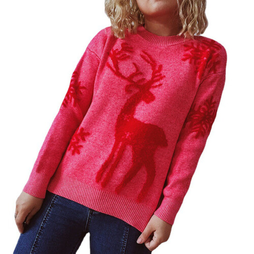 Pull à manches longues et col rond pour femme, pull en-Rouge L