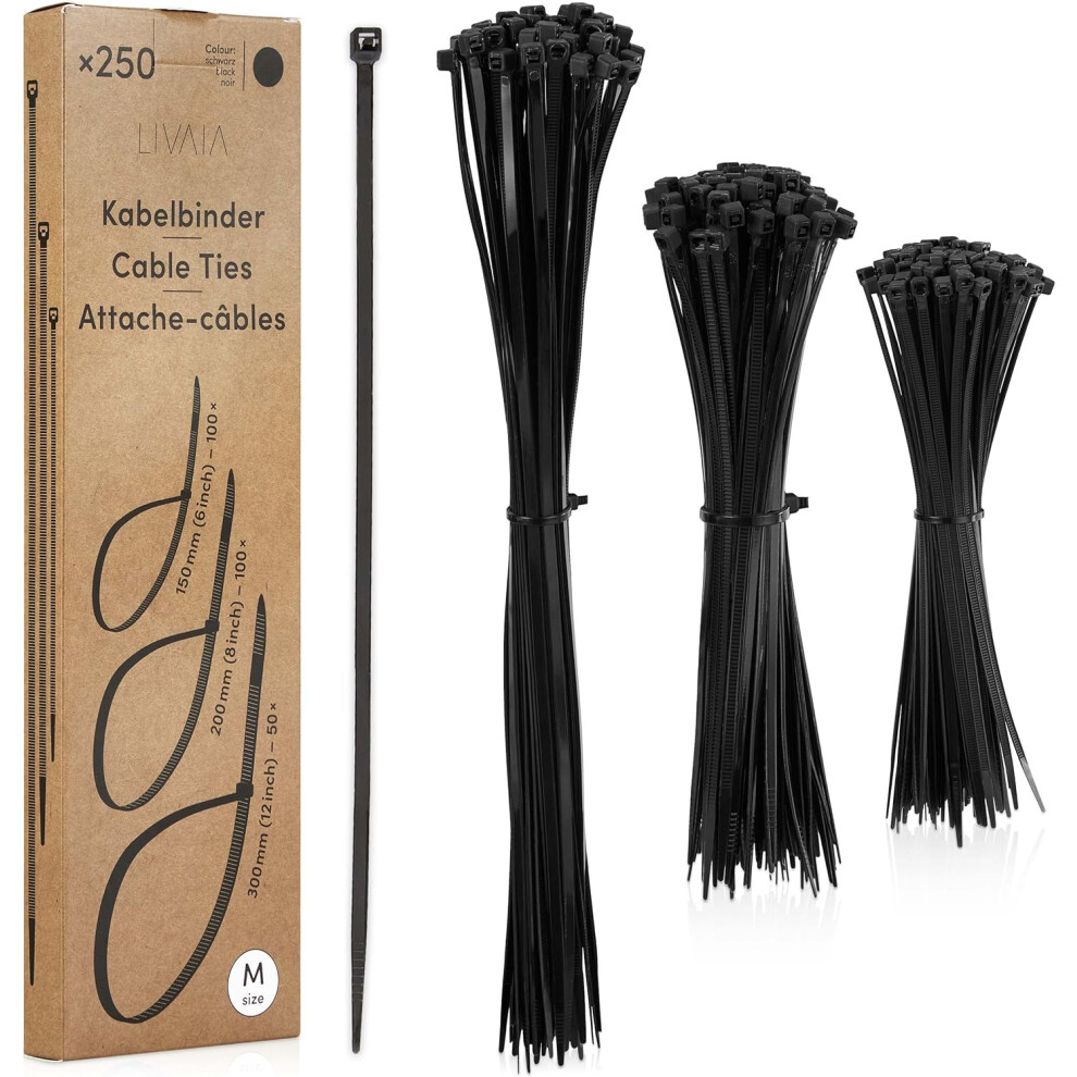 Assorted Black Nylon Cable Ties - 250 Pack Of Strong Zip Ties In 150, 200 & 300Mm For Home & Office Cable Management 5906792631000