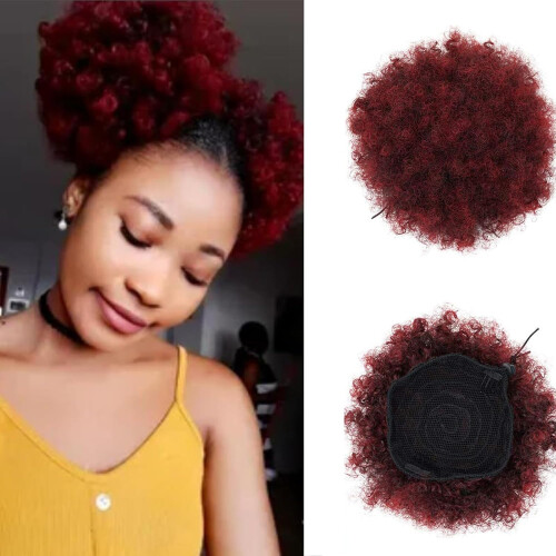 Courte queue de cheval bouclée afro puff synthétique avec cordon de serrage rouge 2