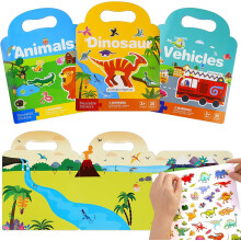 Reusable Sticker Books for Kids - 3 Pack Educational Activity Set with Dinosaur, Vehicle & Animal Themes for Travel & Creative Play