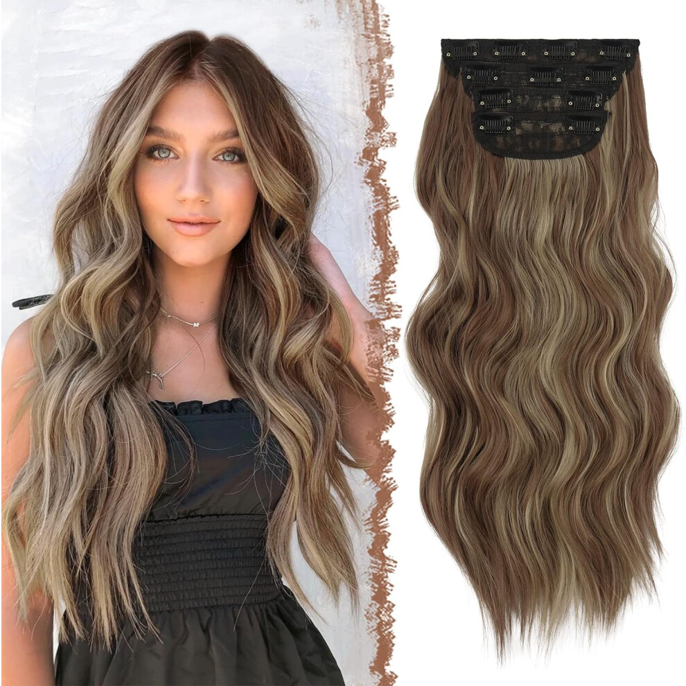 Feshfen 4 Piece Clip-In Hair Extensions Set - 50Cm Long Wavy Brown Synthetic Hairpieces For Adding Volume And Length