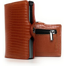 Slim RFID Pop-Up Card Wallet - minimalist brown credit card holder with a zip coin pocket and money clip for men & women