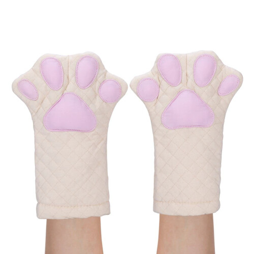 Gants de cuisine Pattes de Chat Matelassés Coton Blanc et Rose