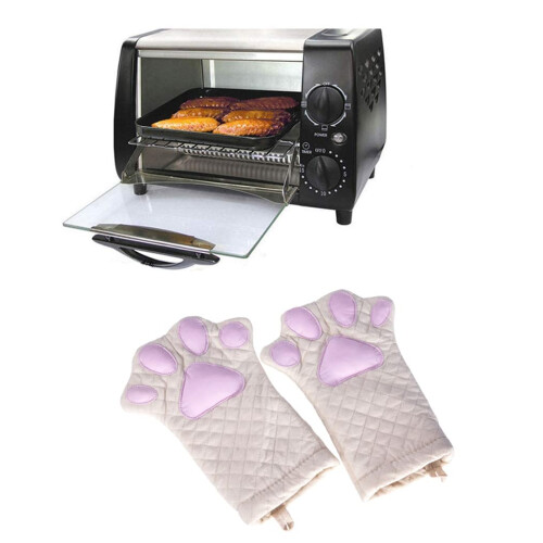 Gants de cuisine Pattes de Chat Matelassés Coton Blanc et Rose 2