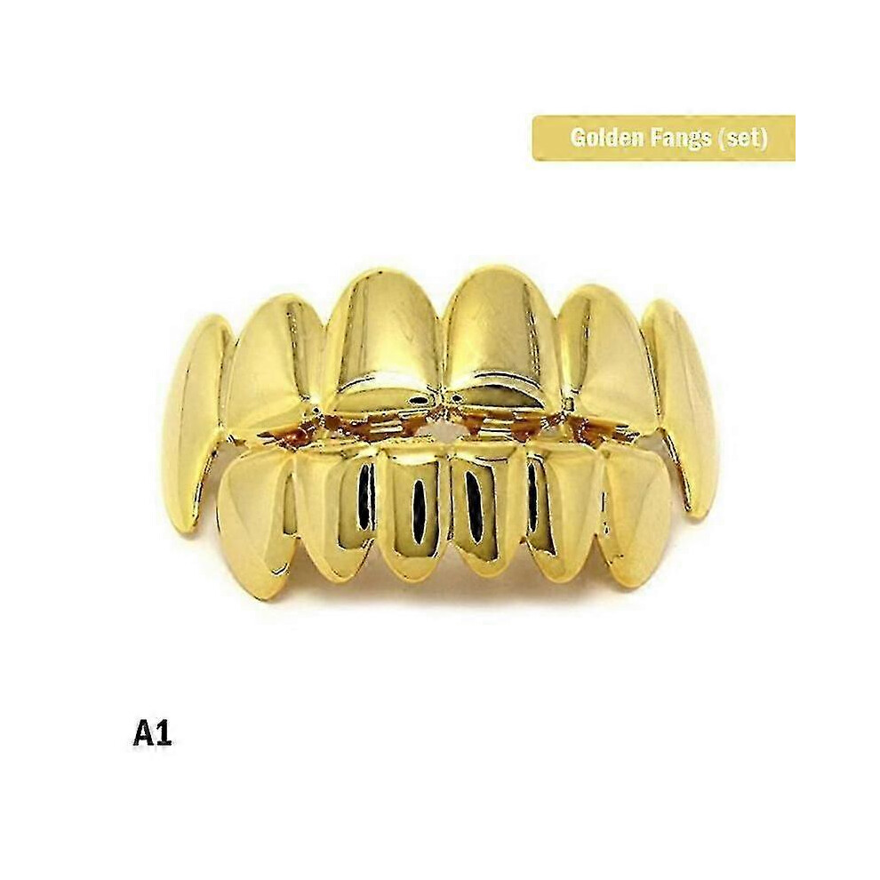 Kikidex (As Show, Gun Black) New Custom 14K Gold Plated Hip Hop Teeth Grillz Caps Top & Bottom Grill Fang Set Black,Gold