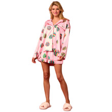 Vrouwelijke satijnen nachtkledingoutfit met overhemdtop-Roze XL
