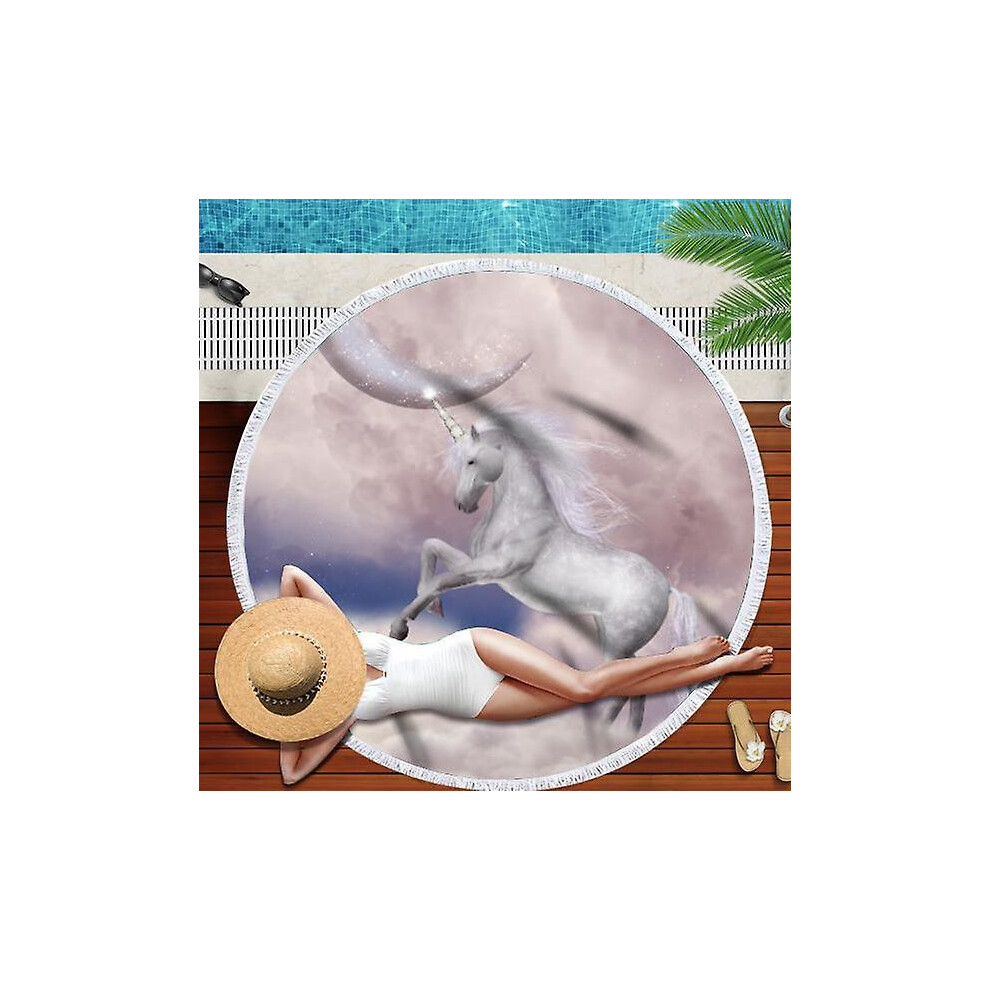 Kikidex (As Show, One Size) Round Beach Towel With Fringes Big Size Thick, Super Soft Microfiber Hippie Beach Tapestry Beach Yoga Mat Diameter 150 * 150Cm
