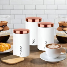 RLS White Set of 3 Tea, Coffee, Sugar canisters White & Copper