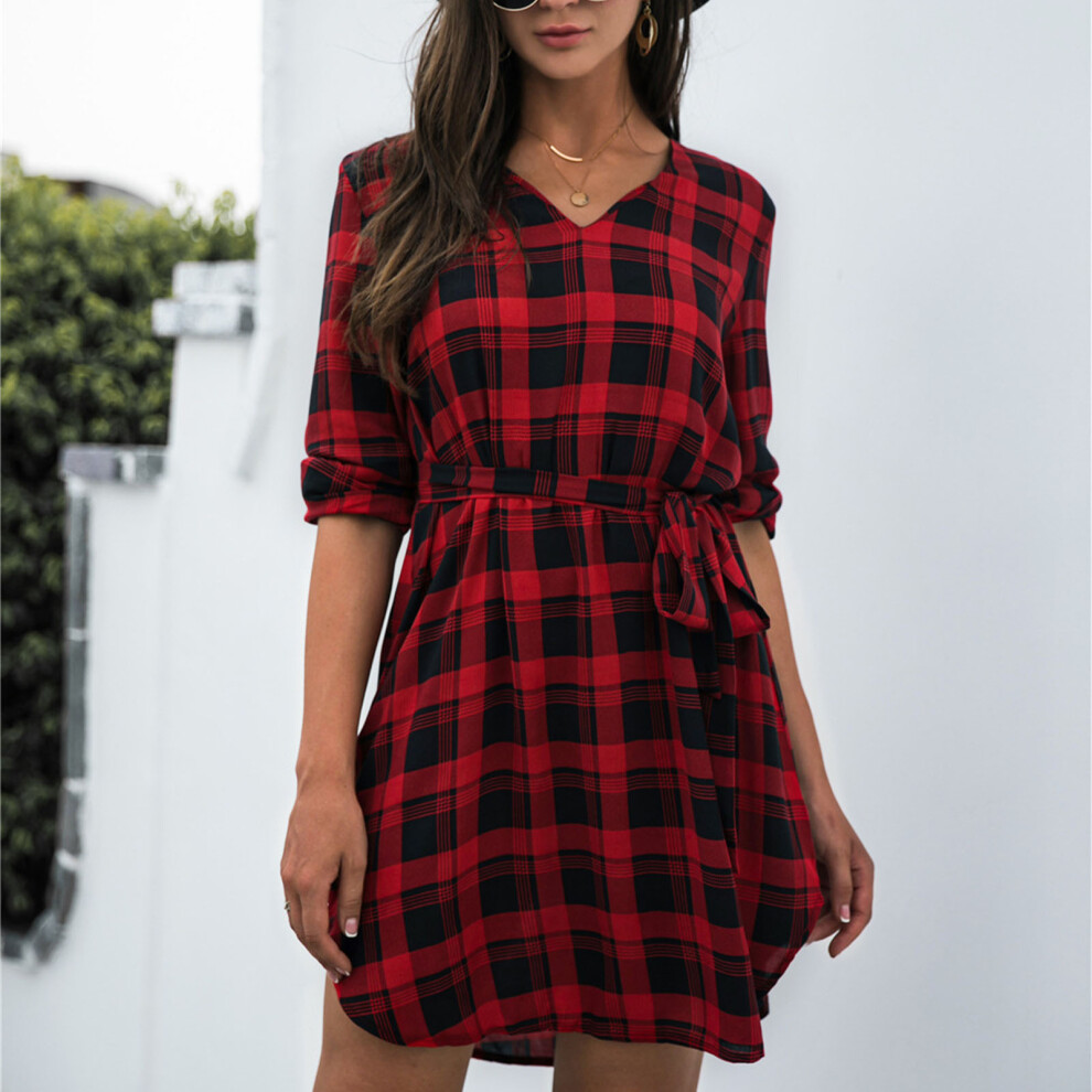 Women V-Neck Plaid Long Sleeve Tie Waist Dress Autumn Winter Red S-L-image-OPC-PMKFZWJ-NEW