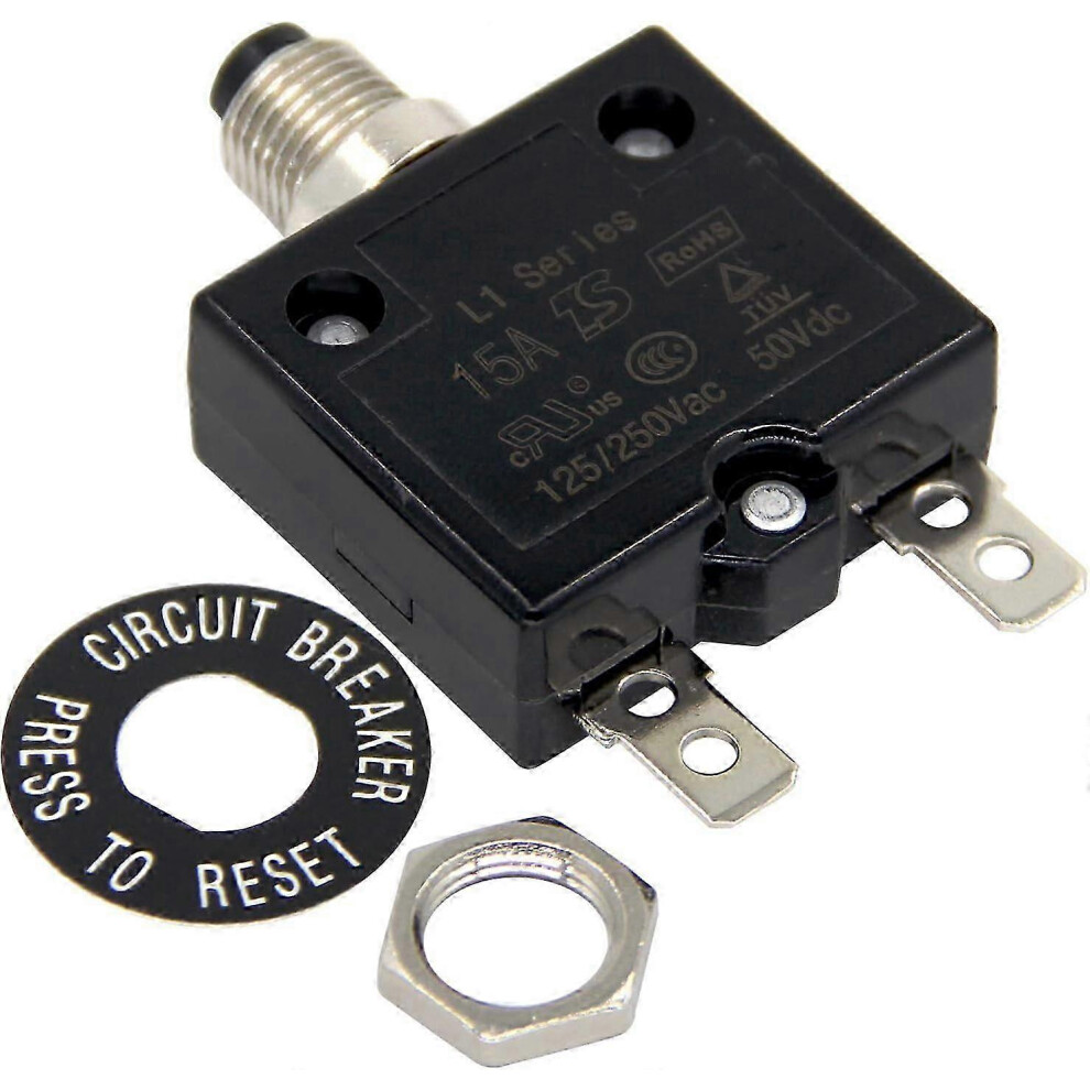 Kikidex (As Show, One Size) 125-250V Ac 50V Dc Push Button Circuit Breaker 15Amp Thermal Overload Protector L1 Series Manual Reset Thermal Circuit Breaker 1