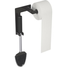 Toilet Paper Holder with Brush Set - Self-Adhesive Wall Mounted Caddy with Silicone Brush for Bathroom WC, No Drilling, Black